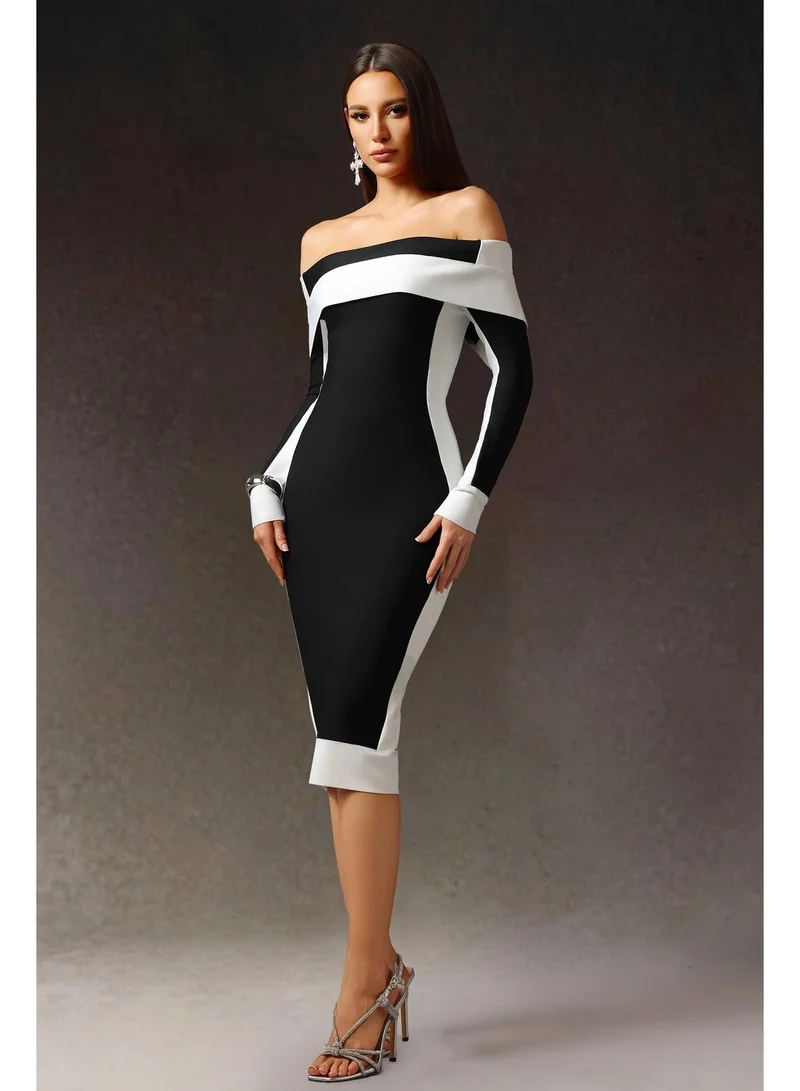 Bella Barnett Mattey Off-The-Shoulder Long Sleeves Stripes Bandage Midi Dress